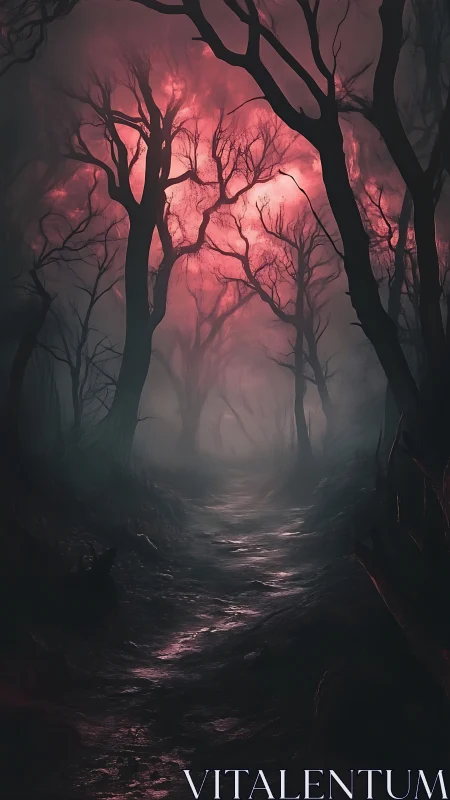 Narrow forest path extends under dense bare trees and red sky