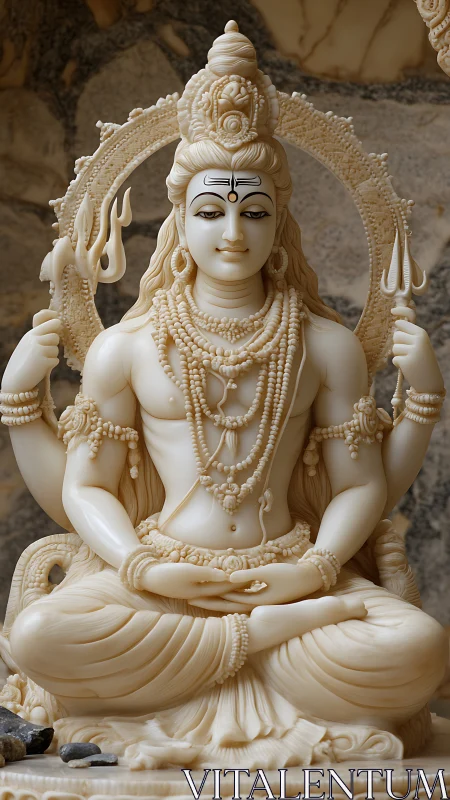 Intricately carved ivory-toned Shiva sculpture in lotus pose.