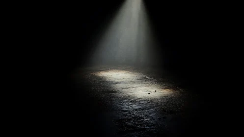 Solitary spotlight cuts through darkness onto wet concrete