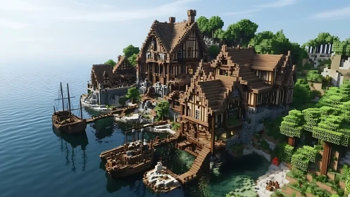 Medieval style Minecraft harbor village overlooks calm sea