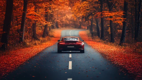 Scarlet sports car glides along a quiet autumn forest road