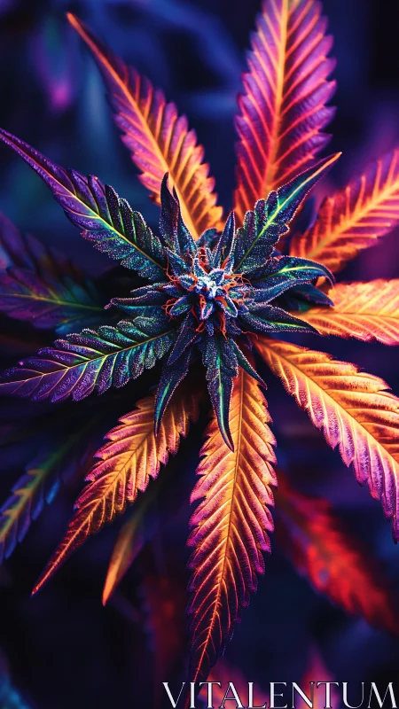 Neon cannabis leaf macro with iridescent gradient lighting.