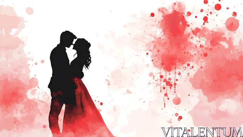 Romantic Silhouette Kiss Against Watercolor Wash Background.