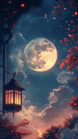 Full moon over glowing lantern in dreamy night sky.