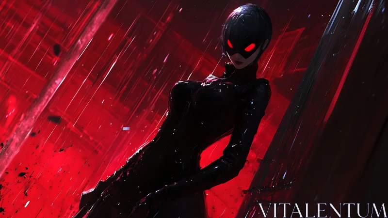 Masked figure in black suit stands in red rain-soaked alley