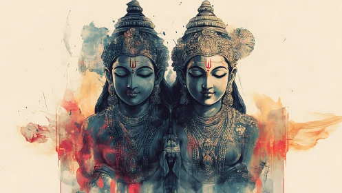 Twin divine statues merge into vibrant abstract aura