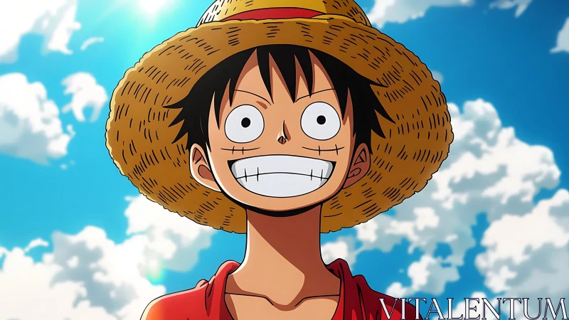 Anime portrait with straw hat under high-key sky backdrop.