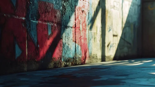 Rust-streaked graffiti corridor in raking afternoon light.