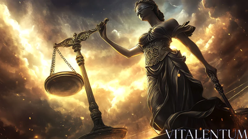 Blindfolded justice statue with golden scales at sunset.