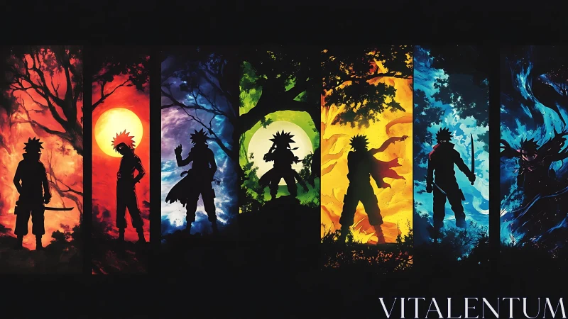 Vibrant ninja silhouettes stride boldly through elemental realms