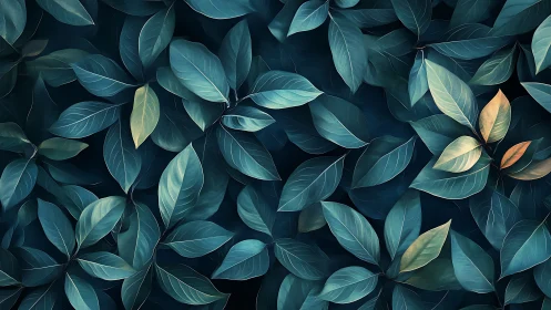 Emerald botanical foliage pattern with teal and golden leaves.