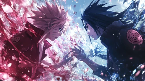 Dynamic dual portrait contrasts red and blue chakra energy fields