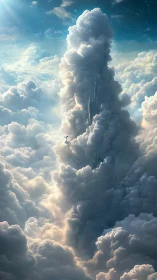 Vertical cloud citadel with soaring figure in luminous atmosphere.