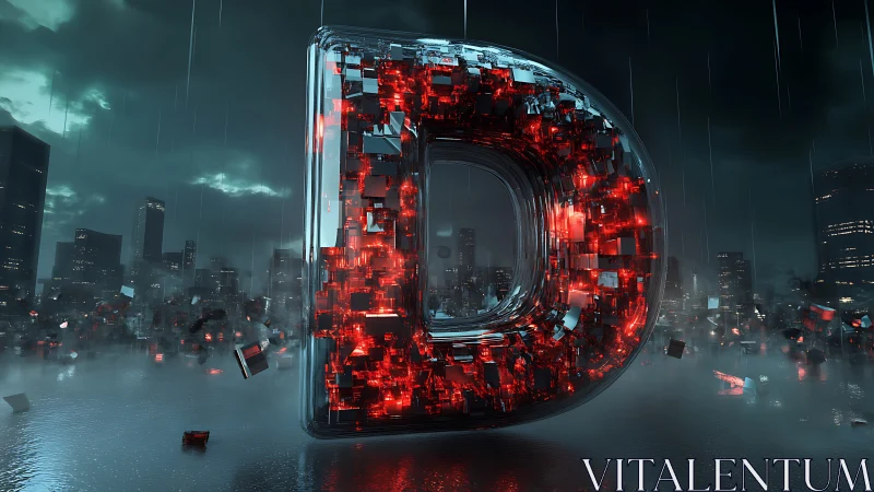 Neon monolith D ignites a rain-soaked cyber cityscape.