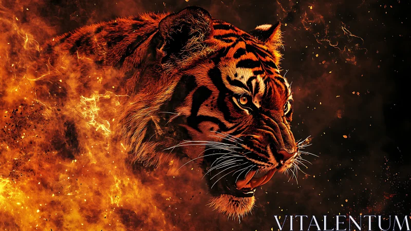 Inferno-born tiger spirit roaring through molten dusk.