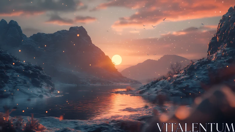 Snowy mountain lake at sunset with warm reflected light.