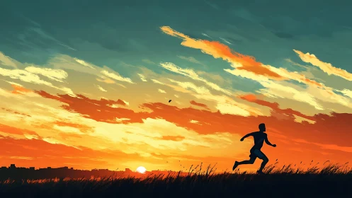 Silhouette runner crossing grassland at orange sunset sky.