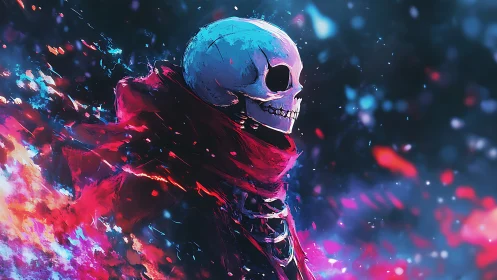 Celestial skull wanderer in blazing crimson nebula shroud.