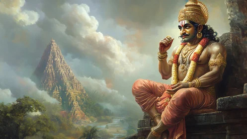 Digital painting of regal deity beside mist-veiled temple peak.