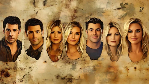 Stylized male and female portraits aligned on vintage wall surface