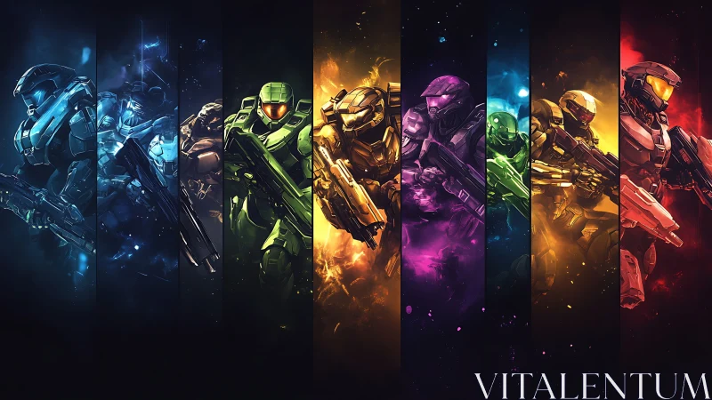 Spectrum-armored spartans stride through neon stellar fire