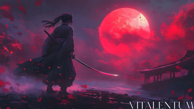 Lone katana wielder under hyper-saturated crimson moonscape.