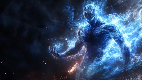 Humanoid energy figure formed from blue plasma in void.