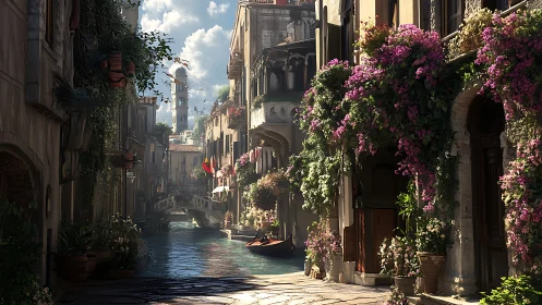 Sunlit canal street welcomes quiet boats and lush blossoms