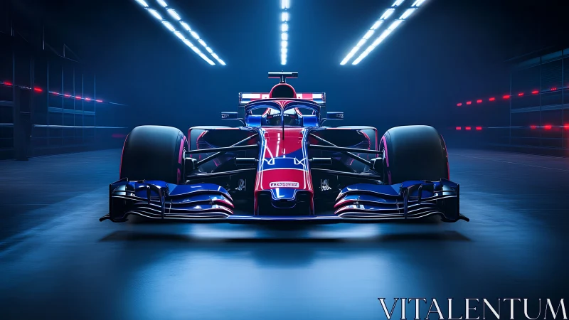 Front-facing Formula race car rendered in neon tunnel lighting