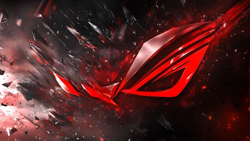 Angular red emblem explodes through fragmented dark glass field