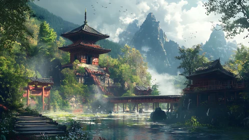 Mountain temple sanctuary nestles above a misty river valley.