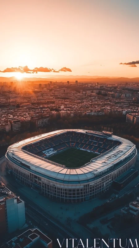 Large football stadium in city at warm sunset light.