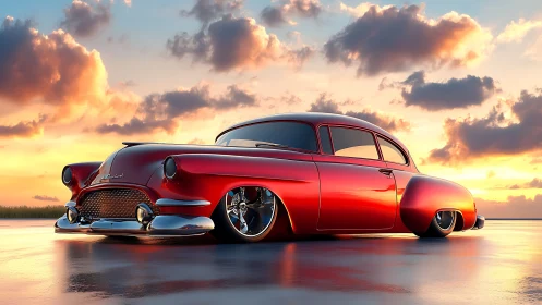 Lowrider custom coupe rendered on reflective sunset salt flat
