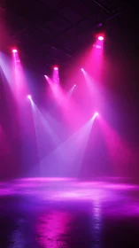 Magenta stage lighting beams over reflective empty floor.