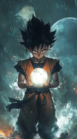 Focused anime warrior holding glowing orb in storm.