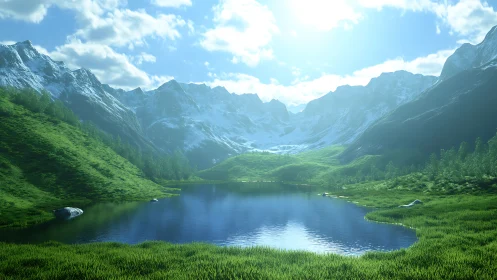 High-altitude alpine lake reflects sunlit snow-capped ridges