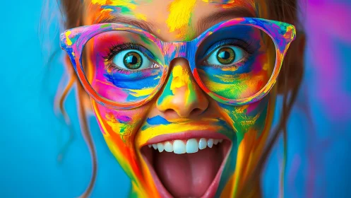 Neon joyburst portrait in paint-splashed rainbow glasses.