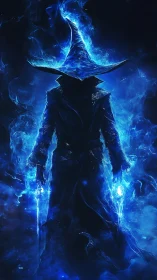 Mystic blue fire wizard stands cloaked in swirling arcane light