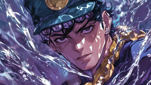 Storm-eyed hero cutting through roaring violet waters.