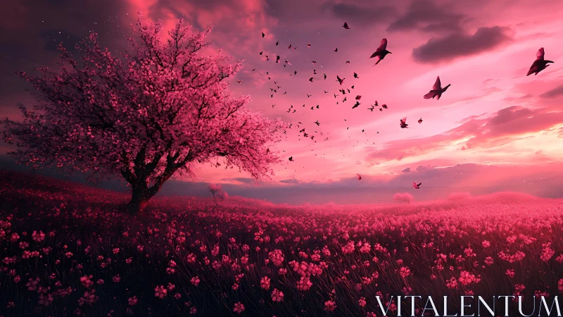 Pink blossom tree in vast field under vivid sunset sky.