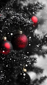 Red baubles hang on snow-dusted evergreen branches outdoors