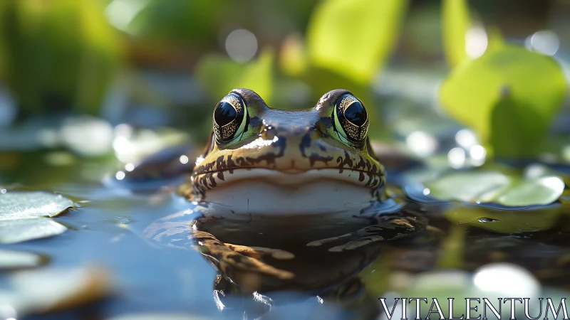 Curious pond frog resting between bright lily leaves.