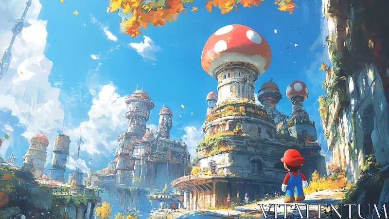 Mario character facing towering mushroom city in sunlight