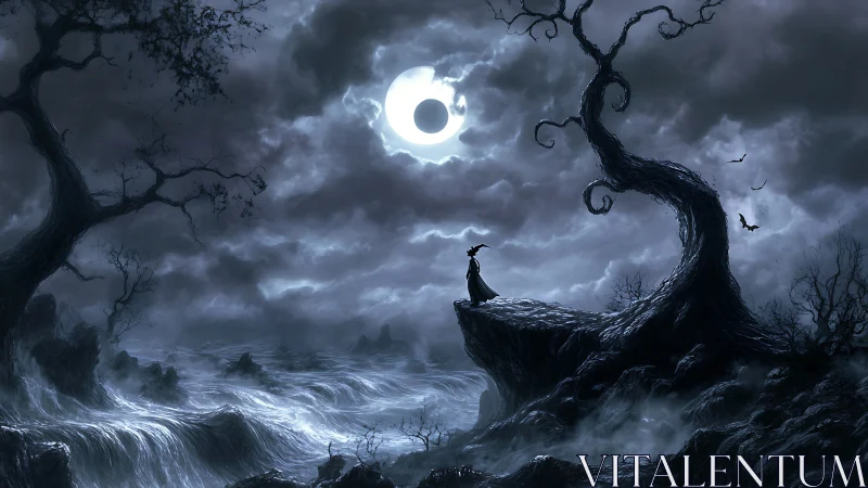 Moonlit witch on stormy cliff beneath twisted trees.
