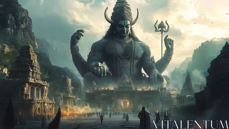 Majestic mountain god watching over a misty temple city.