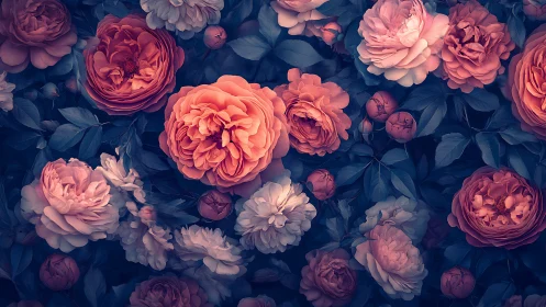 Layered Peony Floral Composition: Deep Blue Foliage with Coral-Rose Blooms.