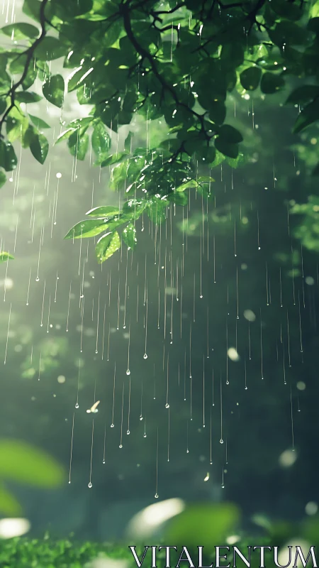 Sunlit forest rain falling through fresh green leaves.