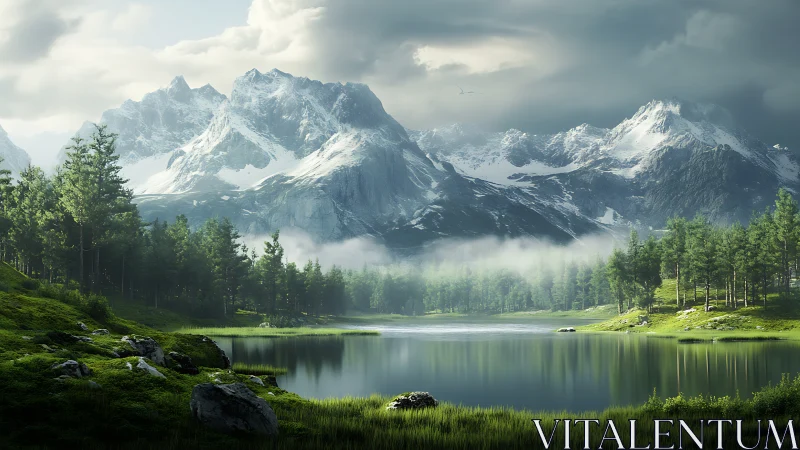 Glacial mountain range reflected in tranquil alpine lake panorama