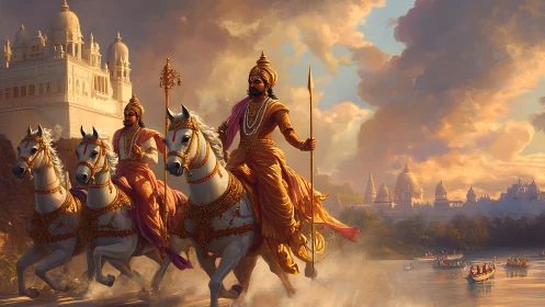 Heroic chariot procession traverses mythic riverside metropolis