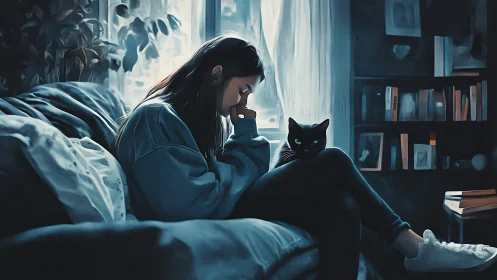 Young woman sits on sofa with black cat in dim blue room